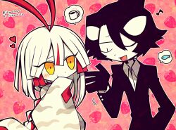 Rule 34 | 1boy, 1girl, antenna hair, artist name, black eyes, black gloves, black hair, black suit, colored skin, commission, commissioner name, covering own mouth, fish, formal, funamusea, funamusea (artist), gloves, heart, ice scream, idate (funamusea), japanese clothes, kimono, multicolored hair, musical note, official art, one eye closed, oounabara to wadanohara, open mouth, orange eyes, outline, pink background, red hair, skeb commission, speech bubble, spoken food, spoken object, strawberry background, streaked hair, suit, tatsumiya (funamusea), two-tone hair, white hair, white kimono, white outline, white skin