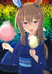Rule 34 | 1girl, 2-butani, absurdres, admire vega (umamusume), aerial fireworks, alternate costume, animal ears, blue kimono, brown hair, commentary request, cotton candy, ear covers, fireworks, food, highres, holding, holding food, horse ears, horse girl, horse tail, japanese clothes, kimono, long hair, looking at viewer, obi, open mouth, ponytail, purple eyes, sash, single ear cover, smile, solo, starry sky print, tail, teeth, umamusume, upper teeth only, very long hair