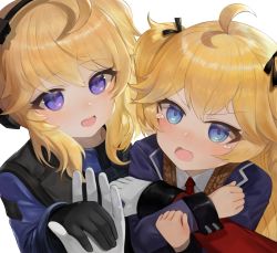 Rule 34 | 1boy, 2girls, :d, ahoge, arm hug, bad id, bad pixiv id, black bow, black gloves, blonde hair, blue eyes, blue jacket, blush, bow, collared shirt, commander (girls&#039; frontline), commentary request, dokomon, dual persona, fang, girls&#039; frontline, girls&#039; frontline 2: exilium, gloves, griffin &amp; kryuger military uniform, hair bow, highres, jacket, korean commentary, long hair, long sleeves, multiple girls, necktie, open mouth, pov, red neckwear, shirt, simple background, smile, super-shorty (girls&#039; frontline), tears, two side up, upper body, v-shaped eyebrows, very long hair, wavy mouth, white background, white gloves, white shirt
