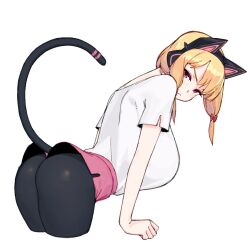 Rule 34 | 1girl, aged up, alternate breast size, animal ear headphones, animal ears, ass, black leggings, blonde hair, blue archive, bow, breasts, cat ears, cat tail, cropped legs, fake animal ears, hair bow, headphones, highres, huge breasts, leaning forward, leggings, looking at viewer, looking to the side, momoi (blue archive), pink shorts, shirt, short sleeves, shorts, sidelocks, simple background, snorkel14, solo, tail, white background, white shirt