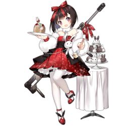 Rule 34 | 1girl, :d, anti-materiel rifle, black hair, blush, bow, cake, dress, fang, food, fork, full body, fur jacket, girls&#039; frontline, glitter, gun, hair bow, hair ribbon, head tilt, high heels, holding, holding fork, holding plate, jacket, looking at viewer, m99 (girls&#039; frontline), m99 (white rabbit summer banquet) (girls&#039; frontline), name connection, object namesake, official alternate costume, official art, open mouth, pantyhose, plate, purple eyes, rabbit, red bow, red dress, red footwear, red ribbon, ribbon, rifle, saru, short hair, shrug (clothing), sidelocks, smile, sniper rifle, solo, standing, table, thigh strap, transparent background, weapon, weapon on back, white pantyhose, zijiang m99