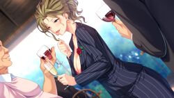 Rule 34 | 1girl, alcohol, aotonbo, blonde hair, blurry, blurry background, blush, breasts, business suit, cleavage, cup, day, drinking glass, formal, game cg, high ponytail, holding, holding cup, large breasts, legs, looking at viewer, miyakouji reika, mole, mole under mouth, one side up, original, outdoors, parted lips, purple eyes, shokusai no shima: island of the dead, skirt, sky, standing, suit, thighs, wine