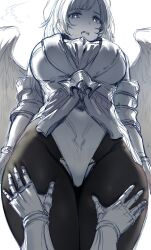 Rule 34 | 1girl, absurdres, breasts, bright pupils, commentary, covered navel, english commentary, gauntlets, granblue fantasy, greyscale, hat, hews, highres, large breasts, long hair, looking at viewer, monochrome, open mouth, pantyhose, raziel (granblue fantasy), sketch, solo focus, sweat, unfinished, white pupils, wings
