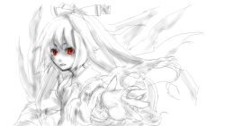Rule 34 | 1girl, female focus, fire, foreshortening, fujiwara no mokou, greyscale, long hair, monochrome, outstretched arm, outstretched hand, red eyes, shiro (hakukosui), sketch, solo, spot color, touhou