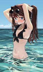 Rule 34 | 1girl, armpits, arms behind head, arms up, bare arms, bare shoulders, bikini, blue eyes, breasts, brown hair, bunching hair, elisia valfelto, eyewear on head, frilled bikini, frills, front-tie bikini top, front-tie top, hair intakes, hair tie in mouth, jewelry, long hair, looking at viewer, luicent, mouth hold, navel, necklace, ocean, original, outdoors, ponytail, small breasts, solo, stomach, sunglasses, swimsuit, tan, tanline, wading, water, wet