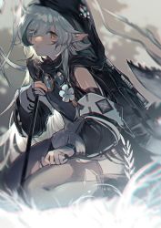 Rule 34 | 1girl, arknights, black footwear, black thighhighs, boots, commentary, crocodilian tail, flower, gloves, goggles, goggles around neck, grey hair, hair between eyes, holding, holding staff, hood, hood up, kirinenene, long sleeves, partially fingerless gloves, pointy ears, short hair, single sidelock, sitting, solo, staff, tail, thighhighs, tomimi (arknights), torn clothes, torn thighhighs, white flower, yellow eyes