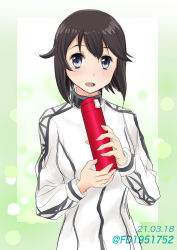 Rule 34 | 1girl, black hair, bottle, commentary request, dated, fd (fd sanmaru), green background, hayasui (kancolle), highres, jacket, kantai collection, looking at viewer, short hair, grey eyes, smile, solo, track jacket, twitter username, upper body, white jacket