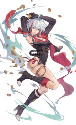 Rule 34 | 1girl, absurdres, armpits, arms up, blue eyes, boots, bracelet, breasts, cleavage, coin, collared shirt, crossed bangs, dynamic pose, eyeliner, full body, gloves, highres, holding, holding coin, honkai (series), jewelry, kirr rr, knee boots, looking at viewer, medium breasts, multicolored hair, red eyeliner, red scarf, scarf, shirt, short hair, smile, strap, streaked hair, thigh strap, thighs, topaz (honkai: star rail), white background, white hair