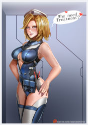 Rule 34 | 1girl, argyle, argyle clothes, argyle cutout, badcompzero, bare shoulders, blonde hair, blue eyes, breasts, cleavage cutout, clothing cutout, combat medic ziegler, english text, engrish text, hands on own hips, highleg, highleg leotard, leotard, medium breasts, mercy (overwatch), official alternate costume, overwatch, overwatch 1, parted lips, ranguage, short hair, solo, thighhighs, thighs, white thighhighs