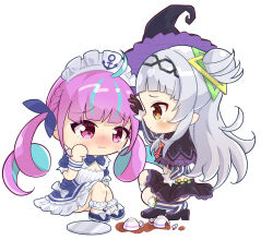 Rule 34 | 2girls, absurdres, accident, ahoge, anchor symbol, arched bangs, black capelet, black skirt, blue dress, blue hair, blue ribbon, blush, capelet, chibi, chibi only, colored inner hair, dress, drill hair, grey hair, grey thighhighs, hair bun, hair ribbon, hairband, hand on another&#039;s head, hat, headpat, highres, hololive, long hair, long sleeves, maid, maid headdress, minato aqua, minato aqua (1st costume), miniskirt, multicolored hair, multiple girls, murasaki shion, murasaki shion (1st costume), nishi azuma, purple eyes, purple hair, ribbon, short dress, side up bun, simple background, single side bun, skirt, squatting, streaked hair, striped clothes, striped thighhighs, tearing up, thighhighs, tilted headwear, twin drills, twintails, two-tone hair, vertical-striped clothes, vertical-striped thighhighs, virtual youtuber, white background, witch hat, yellow eyes