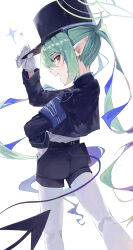 Rule 34 | 1girl, absurdres, black hat, black jacket, black shorts, black tail, blue archive, demon tail, earrings, fang, feet out of frame, gloves, green hair, green halo, halo, hat, nozomi (blue archive), highres, jacket, jewelry, kneepits, long hair, long sleeves, ninney5, open mouth, pantyhose, peaked cap, pointy ears, shorts, simple background, skin fang, smile, solo, tail, twintails, white background, white gloves, white pantyhose, yellow eyes