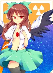 Rule 34 | 1girl, arm cannon, bad id, bad pixiv id, black hair, black thighhighs, bow, brown hair, cape, female focus, long hair, navel, no bra, open clothes, open shirt, radiation symbol, red eyes, reiuji utsuho, shirt, skirt, smile, solo, soon32281, tama (soon32281), thighhighs, third eye, touhou, weapon, wings