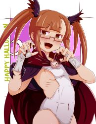 Rule 34 | 1girl, black ribbon, blunt bangs, blush, bow, breasts, brown-framed eyewear, brown eyes, brown hair, brown nails, cape, claw pose, clothing cutout, collarbone, covered navel, cowboy shot, crescent moon, fangs, fingerless gloves, fingernails, glasses, gloves, hair bow, hair ribbon, hands up, happy halloween, highres, idolmaster, idolmaster cinderella girls, idolmaster cinderella girls starlight stage, ikebukuro akiha, long hair, looking at viewer, moon, one-piece swimsuit, open mouth, purple background, red cape, revealing clothes, ribbon, ribs, semi-rimless eyewear, sharp fingernails, side cutout, sideboob, small breasts, smile, solo, standing, swimsuit, toutouhai, twintails, under-rim eyewear, usa-chan robot (idolmaster), white gloves, white one-piece swimsuit