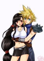 Rule 34 | 1boy, 1girl, armor, bare shoulders, black gloves, black hair, black skirt, blonde hair, blue eyes, blue pants, blue sweater, blush, breasts, brown gloves, closed mouth, cloud strife, collarbone, couple, cowboy shot, crop top, earrings, elbow gloves, final fantasy, final fantasy vii, fingerless gloves, gloves, highres, hug, hug from behind, jewelry, large breasts, lips, long hair, looking at another, low-tied long hair, midriff, miniskirt, nakagawa shoko, navel, pants, red eyes, red gloves, ribbed sweater, shoulder armor, signature, single earring, single sidelock, skirt, sleeveless, sleeveless turtleneck, spiked hair, square enix, stud earrings, suspender skirt, suspenders, sweater, swept bangs, tank top, teardrop earring, tifa lockhart, turtleneck, turtleneck sweater, very long hair, white background, white tank top