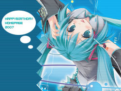 Rule 34 | 00s, 1girl, 2007, :p, ahoge, aqua hair, arm up, back, black skirt, blue background, collared shirt, detached sleeves, from above, from behind, grey shirt, hair ornament, happy birthday, happy birthday (artist), hatsune miku, headphones, headset, long hair, looking at viewer, microphone, miniskirt, necktie, pleated skirt, shirt, simple background, skirt, solo, striped, striped background, tattoo, thought bubble, tongue, tongue out, twintails, upper body, upside-down, vocaloid