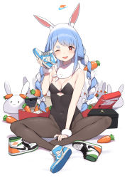 Rule 34 | 1girl, absurdres, animal ear fluff, animal ears, black leotard, blue hair, braid, breasts, carrot, carrot hair ornament, cloba, don-chan (usada pekora), food-themed hair ornament, full body, hair ornament, highres, hololive, leotard, long hair, looking at viewer, multicolored hair, nike (company), one eye closed, open mouth, pantyhose, pekomon (usada pekora), playboy bunny, rabbit ears, rabbit girl, shoes, sitting, small breasts, sneakers, strapless, strapless leotard, thick eyebrows, twin braids, two-tone hair, usada pekora, usada pekora (1st costume), virtual youtuber, white hair