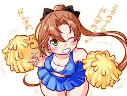 Rule 34 | 1girl, akigumo (kancolle), alternate costume, artist logo, blue shirt, blue skirt, breasts, brown hair, cheerleader, commentary request, dated, green eyes, grin, hair ribbon, holding, holding pom poms, kantai collection, kutone shirika, long hair, looking at viewer, medium breasts, one eye closed, pleated skirt, pom pom (cheerleading), pom poms, ponytail, ribbon, shirt, simple background, skirt, smile, solo, translation request, white background