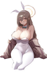 Rule 34 | 1girl, absurdres, akane (blue archive), akane (bunny) (blue archive), animal ears, blue archive, breasts, brown eyes, brown scarf, cleavage, commentary request, detached collar, glasses, halo, highres, large breasts, leotard, light brown hair, long hair, looking at viewer, pantyhose, plaid, plaid scarf, playboy bunny, rabbit ears, scarf, simple background, smile, solo, sukaliya, white pantyhose