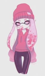 Rule 34 | 1girl, artist name, beanie, black leggings, blowing bubbles, blush, bubble, chewing gum, chromatic aberration, closed mouth, colored skin, cropped legs, dated, domino mask, drawstring, female focus, flat chest, gradient hair, grey background, half-closed eyes, hat, heart, highres, hood, hoodie, inkling, inkling girl, inkling player character, leggings, light blush, long hair, long sleeves, mask, matching hair/eyes, multicolored hair, nintendo, pink eyes, pink hair, pointy ears, red hair, red hat, red sweater, shiny clothes, signature, simple background, sleeves past fingers, sleeves past wrists, solo, spacecolonie, splatoon (series), standing, sweater, tentacle hair, tentacles, thigh gap, twintails, twitter username, white skin