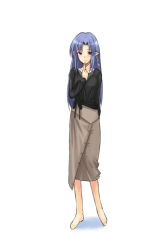 Rule 34 | 00s, 1girl, blue eyes, blue hair, braid, casual, fate/stay night, fate (series), finger to own chin, full body, long hair, long skirt, long sleeves, looking at viewer, matching hair/eyes, medea (fate), official alternate costume, pointy ears, shima-shuu, simple background, skirt, solo, standing, white background