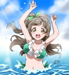 Rule 34 | 1girl, :d, arms up, bikini, bow, breasts, brown hair, collarbone, dated, day, frilled bikini, frills, front-tie bikini top, front-tie top, green bikini, green bow, grey hair, hair bow, highres, long hair, looking at viewer, love live!, love live! school idol project, medium breasts, minami kotori, one side up, open mouth, outdoors, side-tie bikini bottom, signature, smile, solo, swimsuit, takeya yuuki, wading, water drop, yellow eyes