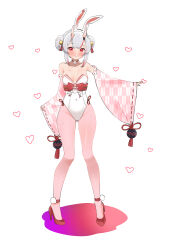 Rule 34 | 1girl, alternate costume, bell, blush, breasts, cleavage, covered navel, detached sleeves, double bun, full body, gluteal fold, hair bell, hair bun, hair ornament, high heels, highres, hololive, horns, kani bonara, leotard, long sleeves, looking at viewer, multicolored hair, nakiri ayame, pantyhose, pink pantyhose, playboy bunny, red eyes, red footwear, red hair, ribbon-trimmed sleeves, ribbon trim, simple background, skin-covered horns, small breasts, solo, standing, streaked hair, virtual youtuber, white background, white hair, wide sleeves, yagasuri