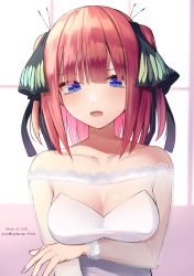 Rule 34 | 1girl, arm under breasts, bare shoulders, black ribbon, blue eyes, blurry, blurry background, breasts, cleavage, collarbone, commentary request, dated, depth of field, dress, fang, go-toubun no hanayome, hair between eyes, hair ribbon, highres, hirota fruit, long sleeves, looking at viewer, medium breasts, multicolored hair, nail polish, nakano nino, off-shoulder dress, off shoulder, open mouth, pink hair, red hair, ribbon, see-through, see-through sleeves, solo, twitter username, two-tone hair, two side up, upper body, wedding dress, window
