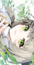 Rule 34 | 1girl, cika k, close-up, closed mouth, green eyes, green nails, grey hair, hands up, highres, leaf, looking at viewer, nail polish, portrait, sideways, solo, turtleneck, viichan, virtual youtuber, waktaverse