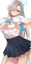 Rule 34 | 1girl, asuna (blue archive), blue archive, blue bow, blue eyes, blue ribbon, blush, bow, bowtie, breasts, choker, collared shirt, grey skirt, grin, hair over one eye, hair ribbon, halo, heart, heart hands, highres, large breasts, light brown hair, long hair, looking at viewer, marushin (denwa0214), pleated skirt, resolution mismatch, revision, ribbon, school uniform, shirt, short sleeves, skirt, smile, solo, source larger, thighs, white shirt
