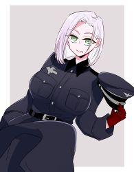 Rule 34 | 1girl, epaulettes, fate/type redline, fate (series), green eyes, hat, koha-ace, looking at viewer, major reiter, military, military hat, military uniform, mole, mole under mouth, peaked cap, short hair, smile, solo, souta (souta3a), uniform, white hair