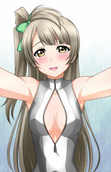 Rule 34 | 10s, 1girl, bare shoulders, blush, breasts, brown eyes, brown hair, cleavage, cleavage cutout, clothing cutout, front zipper swimsuit, gradient background, highres, kenken, long hair, looking at viewer, love live!, love live! school idol project, meme attire, minami kotori, one-piece swimsuit, side ponytail, smile, solo, swimsuit, zipper