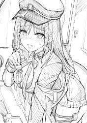 Rule 34 | 1girl, blush, breasts, candy, collared shirt, diesel (nikke), earrings, food, gloves, goddess of victory: nikke, greyscale, hair between eyes, hat, highres, holding, holding candy, holding food, jacket, jacket on shoulders, jewelry, large breasts, leaning forward, long hair, military hat, military jacket, military uniform, monochrome, necktie, open clothes, open jacket, peaked cap, pleated skirt, saliva, saliva trail, shirt, sidelocks, sketch, skirt, solo, striped necktie, sweatdrop, triangle earrings, uniform, yougenko