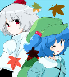 Rule 34 | 2girls, ;q, animal ears, back-to-back, backpack, bad source, bag, blue background, blue eyes, blue hair, blunt bangs, closed mouth, dot nose, flat cap, frilled shirt collar, frills, from side, green bag, green headwear, grey hair, hair bobbles, hair ornament, hat, high collar, inubashiri momiji, kawashiro nitori, leaf, long sleeves, looking at viewer, looking to the side, machiko (beard), maple leaf, multiple girls, one eye closed, pom pom (clothes), red eyes, red headwear, serious, short eyebrows, short hair, sketch, smile, tareme, thick eyebrows, tokin hat, tongue, tongue out, touhou, two side up, upper body, v-shaped eyebrows, wing collar, wolf ears