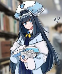 Rule 34 | 1girl, blue eyes, blue hair, blurry, blurry background, book, chinese commentary, expressionless, fur trim, hairband, head tilt, holding, holding book, hololive, hololive china, librarian, library, looking at viewer, open book, photo background, rosalyn (hololive), sketch, solo, virtual youtuber, white hairband, yami usagi