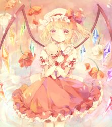 Rule 34 | 1girl, ascot, back bow, blonde hair, bow, closed mouth, collared shirt, cowboy shot, crystal, flandre scarlet, flower, frilled shirt collar, frilled skirt, frilled sleeves, frills, hat, hat bow, hat ribbon, highres, holding, holding stuffed toy, large bow, looking at viewer, medium hair, mob cap, multicolored wings, orange flower, puffy short sleeves, puffy sleeves, red bow, red eyes, red flower, red ribbon, red skirt, red vest, ribbon, senju (uroakono), shirt, short sleeves, skirt, skirt set, sleeve bow, solo, stuffed animal, stuffed toy, teddy bear, touhou, vest, white bow, white flower, white hat, white shirt, wings, yellow ascot