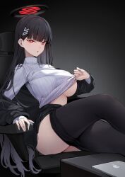 Rule 34 | 1girl, :o, arm rest, black background, black hair, black jacket, black pantyhose, blue archive, blunt bangs, breasts, bright pupils, clothes lift, clothes pull, ddangbi, hair ornament, hairclip, halo, highres, jacket, jacket partially removed, large breasts, lifted by self, long hair, long sleeves, looking at viewer, miniskirt, on chair, pantyhose, pantyhose pull, parted lips, pleated skirt, red eyes, ribbed shirt, rio (blue archive), shirt, shirt lift, sitting, skirt, solo, thighs, turtleneck, underboob, very long hair, white pupils, white shirt
