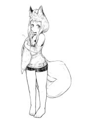 Rule 34 | 1girl, ahoge, animal ear fluff, animal ears, barefoot, bike shorts, blunt bangs, fox ears, fox girl (jaco), fox tail, full body, greyscale, holding own tail, jaco, looking at viewer, monochrome, off shoulder, original, shirt, short hair with long locks, sidelocks, simple background, solo, standing, tail, thick eyebrows, white background