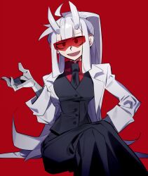 Rule 34 | 1girl, ahoge, black pants, black vest, blunt bangs, breasts, buttons, coat, collared shirt, crossed legs, glasses, hand on own hip, hand up, helltaker, higa423, high ponytail, highres, horns, long sleeves, looking at viewer, loremaster (helltaker), mechanical arms, open clothes, open coat, open mouth, pants, red-tinted eyewear, red background, red eyes, red shirt, shirt, sidelocks, sitting, smile, solo, tinted eyewear, vest, white coat, white hair, white horns