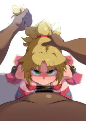 Rule 34 | 1boy, 1girl, absurdres, angry, bar censor, blonde hair, breasts, censored, commentary request, dark-skinned male, dark skin, detached sleeves, dragra, fate/apocrypha, fate/grand order, fate (series), fellatio, from above, glaring, grabbing, grabbing another&#039;s hair, green eyes, hair ornament, hair scrunchie, hand on another&#039;s head, hands on another&#039;s head, head grab, hetero, highres, irrumatio, kneeling, looking at viewer, looking up, medium breasts, mordred (fate), mordred (fate/apocrypha), oral, out of frame, penis, ponytail, pov, puffy nipples, red scrunchie, red shirt, scrunchie, shiny skin, shirt, sidelocks, thighhighs, v-shaped eyebrows