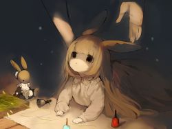 Rule 34 | 1girl, 1other, :&lt;, bell, blanket, brown eyes, brown hair, child, highres, long hair, lying, on stomach, original, parted lips, rabbit ears, shirokujira, solo focus, stuffed animal, stuffed rabbit, stuffed toy