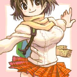 Rule 34 | 1girl, aran sweater, border, cable knit, lowres, original, plaid, plaid skirt, ryoji (nomura ryouji), scarf, simple background, skirt, smile, solo, sweater