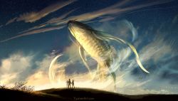 Rule 34 | 1boy, 1girl, animal, cloud, commentary, english commentary, field, fish, flying fish, highres, holding hands, original, outdoors, oversized animal, pointing, silhouette, sky, standing, star (sky), starry sky, sunlight, sunset, surreal, tripod, visible air, watermark, web address, wide shot, wind, yuumei