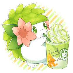 Rule 34 | aimi (aimia492), artist name, blush, closed mouth, commentary request, creatures (company), cup, disposable cup, drinking, drinking straw, drinking straw in mouth, flower, frappuccino, full body, game freak, gen 4 pokemon, gen 6 pokemon, green eyes, heart, legendary pokemon, logo parody, looking at viewer, matcha (food), mythical pokemon, nintendo, no humans, pink flower, pokemon, pokemon (creature), shaymin, shaymin (land), simple background, smile, solo, starbucks, striped, striped background, sylveon, twitter username, whipped cream, white background