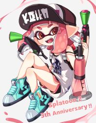 Rule 34 | 1girl, anniversary, bad id, bad twitter id, baseball cap, basketball jersey, black hat, black shorts, blunt bangs, brown eyes, clothes writing, commentary, copyright name, dolphin shorts, dual wielding, english text, eyes visible through hair, fangs, floating, full body, green footwear, hat, holding, holding weapon, ink tank (splatoon), inkling, inkling (language), inkling girl, inkling player character, looking at viewer, maco spl, medium hair, nintendo, open mouth, paint splatter, pink hair, pointy ears, print shirt, shirt, shoes, short shorts, shorts, sleeveless, sleeveless shirt, smile, sneakers, solo, splat dualies (splatoon), splatoon (series), splatoon 2, straight-laced footwear, tentacle hair, weapon, white shirt