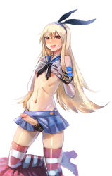 Rule 34 | 1boy, :d, black bow, black panties, blonde hair, blue sailor collar, blush, boots, bow, bow (bhp), covered erect nipples, crossdressing, cum, cumdrip, elbow gloves, embarrassed, erection, gloves, hair bow, hairband, hands up, high heel boots, high heels, kantai collection, large penis, long hair, looking at viewer, male focus, miniskirt, mole, mole under eye, navel, nipples, on one knee, open mouth, panties, penis, pleated skirt, precum, red eyes, red thighhighs, sailor collar, school uniform, serafuku, shimakaze-kun, shimakaze (kancolle), simple background, skirt, smile, solo, stomach, striped clothes, striped thighhighs, sweatdrop, thighhighs, trap, underwear, white background, white gloves