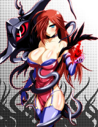 Rule 34 | 00s, 1girl, bad id, bad pixiv id, blue eyes, blush, breasts, choker, cleavage, elbow gloves, funikura, garter belt, gloves, hair over one eye, iwamoto eiri, large breasts, nyx, nyx (queen&#039;s blade), queen&#039;s blade, red hair, solo, thighhighs