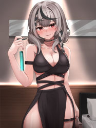 Rule 34 | 1girl, absurdres, alternate costume, backlighting, bag, bed, blood, blush, breasts, cleavage, dress, grey hair, hair ornament, highres, hololive, hotel room, jewelry, key, knife, large breasts, micon, necklace, red eyes, sakamata chloe, virtual youtuber, x hair ornament