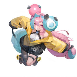 Rule 34 | 1girl, asymmetrical footwear, asymmetrical legwear, bare shoulders, black jacket, blue hair, boots, bow-shaped hair, breasts, brown pantyhose, character hair ornament, clenched teeth, commentary, creatures (company), full body, game freak, gen 1 pokemon, grey shirt, hair ornament, hexagon print, iono (pokemon), jacket, light blue hair, long hair, long sleeves, looking at viewer, low-tied long hair, magnemite, medium breasts, mismatched legwear, multicolored clothes, multicolored hair, multicolored jacket, nintendo, open clothes, open jacket, oversized clothes, pantyhose, pink eyes, pink hair, pokemon, pokemon sv, sharp teeth, shirt, simple background, single leg pantyhose, sleeveless, sleeveless shirt, sleeves past fingers, sleeves past wrists, smile, solo, split-color hair, symbol-only commentary, teeth, thigh strap, tornman, two-tone hair, two-tone jacket, very long sleeves, white background, wide sleeves, x, yellow jacket
