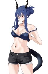 Rule 34 | 1girl, arknights, black shorts, blue bra, blue hair, bra, breasts, ch&#039;en (arknights), cowboy shot, dragon horns, dragon tail, hair between eyes, highres, horns, large breasts, lily0428, long hair, navel, red eyes, short shorts, shorts, simple background, solo, standing, stomach, tail, underwear, undressing, white background