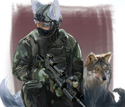 Rule 34 | 1boy, absurdres, animal ears, assault rifle, brown background, camouflage, camouflage jacket, camouflage pants, commentary request, doitsuken, ears through headwear, grey hair, gun, helmet, highres, holding, holding gun, holding weapon, jacket, looking to the side, male focus, mask, military, mouth mask, night-vision device, original, pants, rifle, slit pupils, solo, standing, tail, weapon, weapon request, wolf, wolf ears, wolf tail, yellow eyes